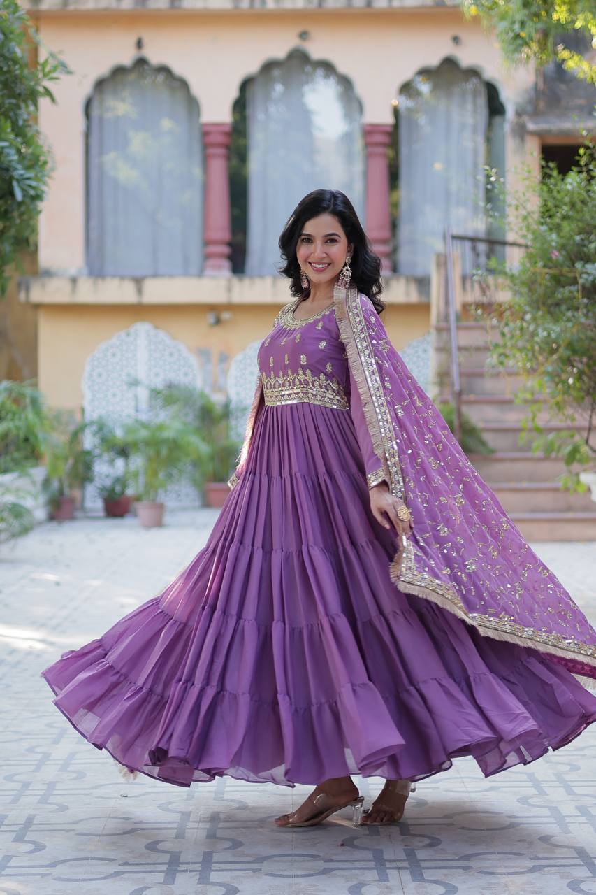 Party Wear Lavender Color Star Georgette Fabrics Designer Gown With Embroidered Dupatta