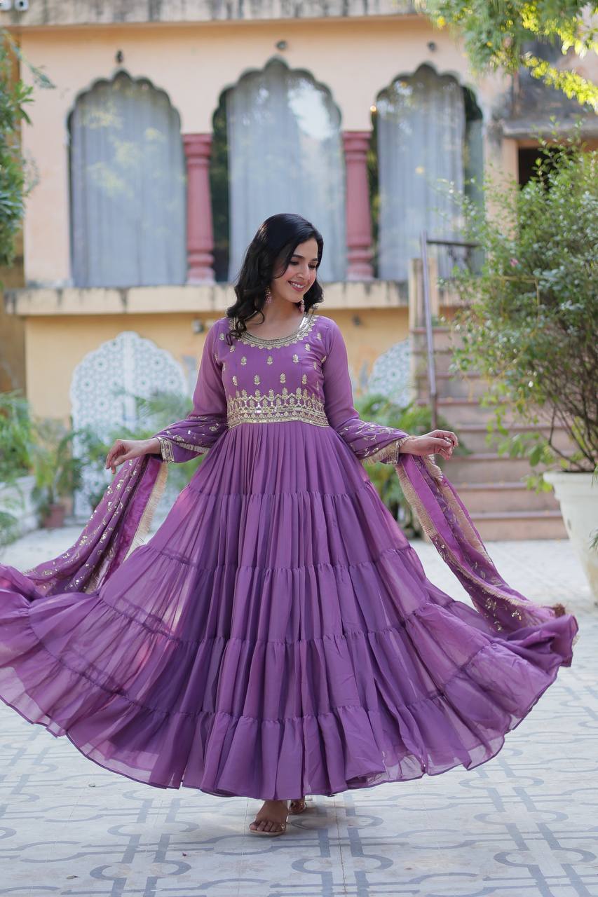 Party Wear Lavender Color Star Georgette Fabrics Designer Gown With Embroidered Dupatta