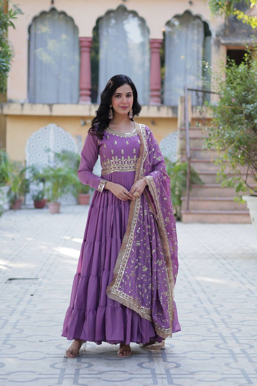 Party Wear Lavender Color Star Georgette Fabrics Designer Gown With Embroidered Dupatta