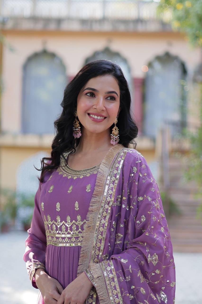 Party Wear Lavender Color Star Georgette Fabrics Designer Gown With Embroidered Dupatta