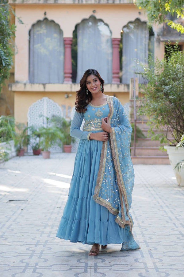 Party Wear Sky Color Star Georgette Fabrics Designer Gown With Embroidered Dupatta