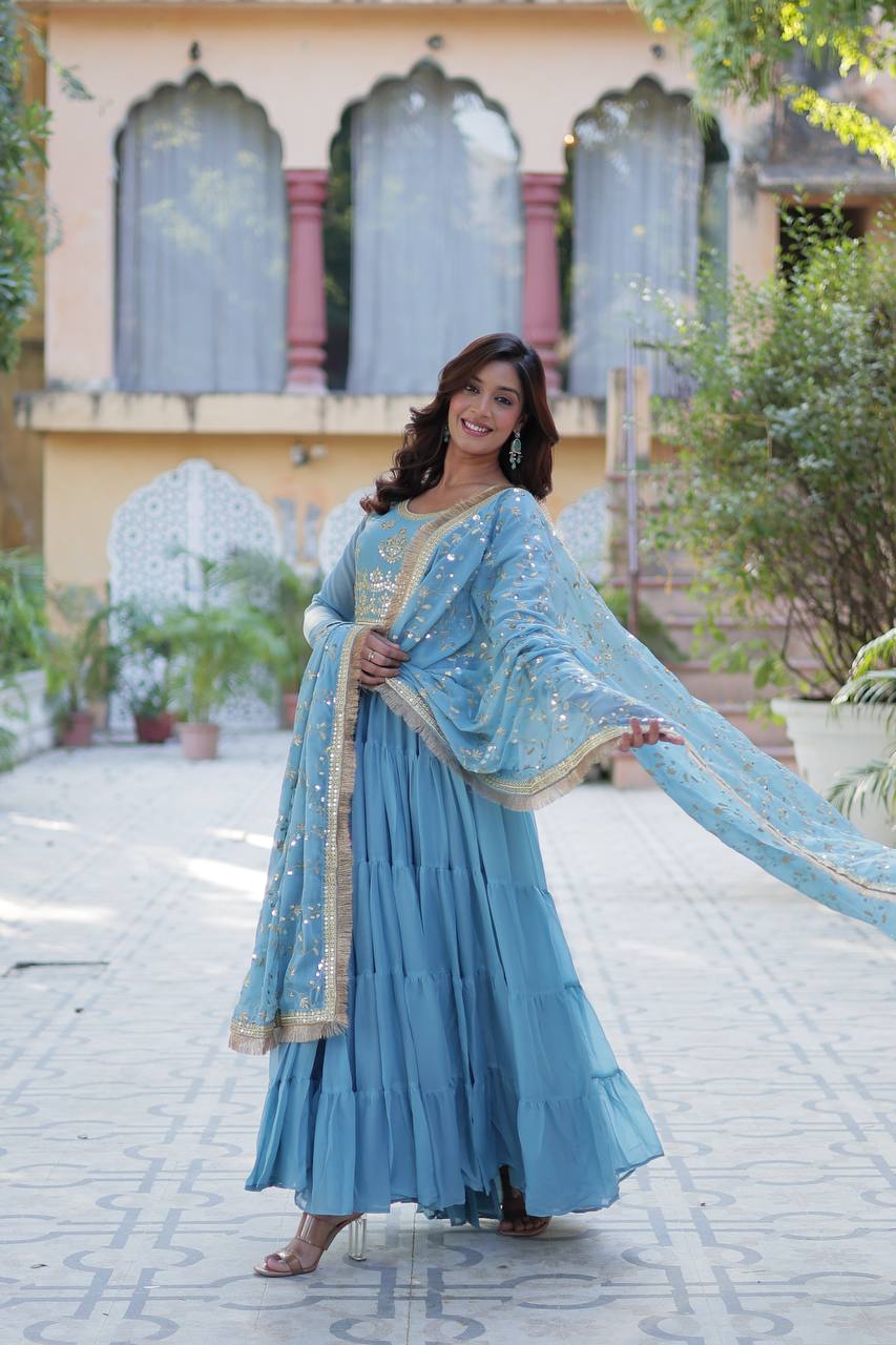 Party Wear Sky Color Star Georgette Fabrics Designer Gown With Embroidered Dupatta