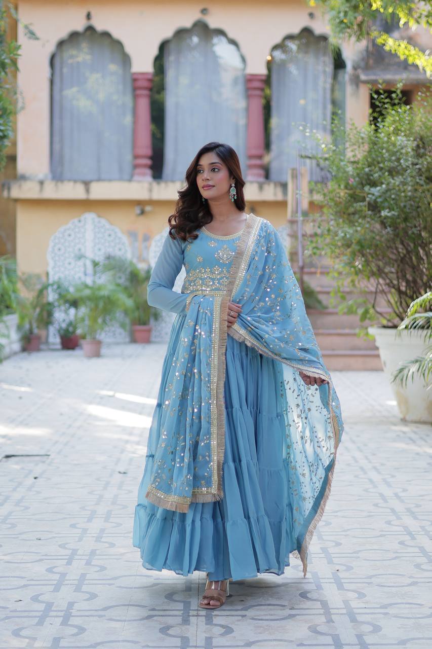 Party Wear Sky Color Star Georgette Fabrics Designer Gown With Embroidered Dupatta