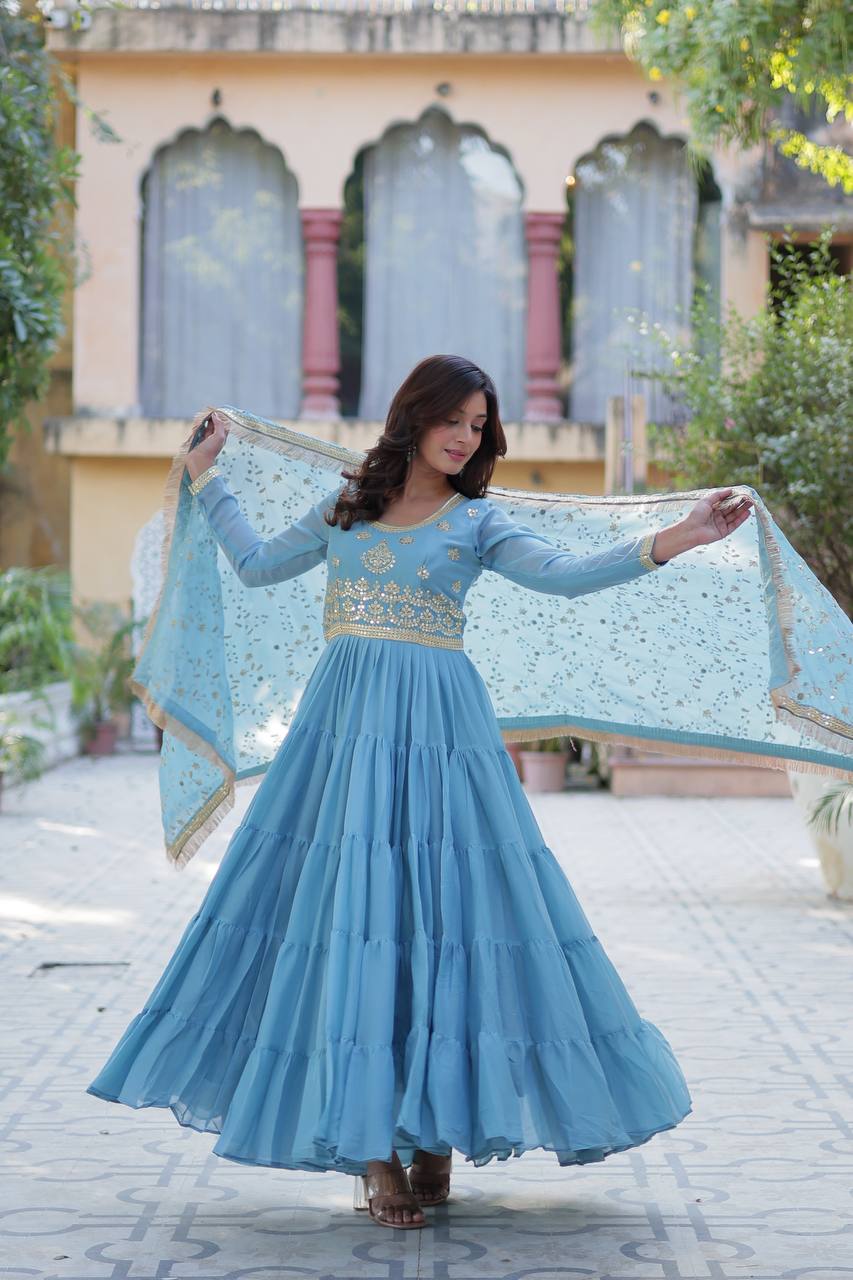 Party Wear Sky Color Star Georgette Fabrics Designer Gown With Embroidered Dupatta
