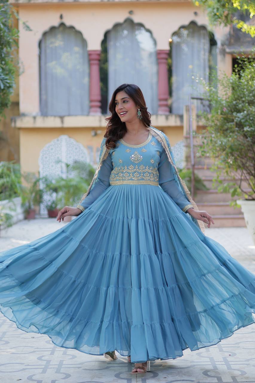 Party Wear Sky Color Star Georgette Fabrics Designer Gown With Embroidered Dupatta