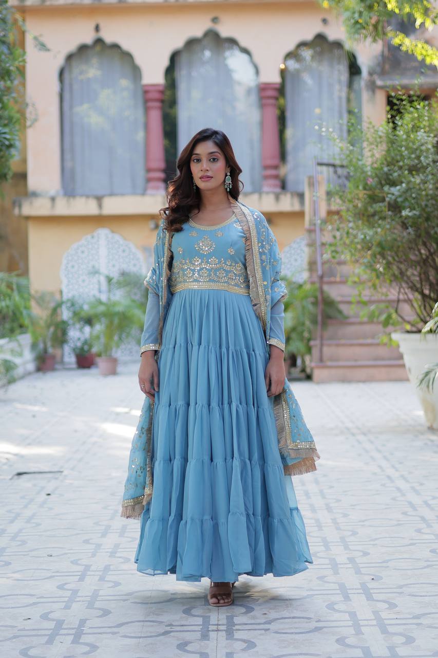 Party Wear Sky Color Star Georgette Fabrics Designer Gown With Embroidered Dupatta