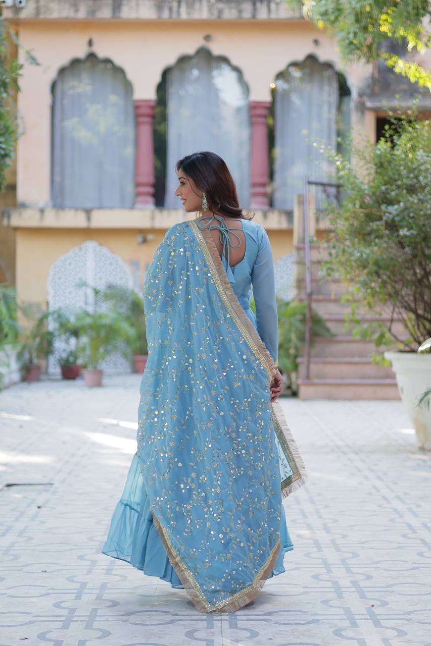 Party Wear Sky Color Star Georgette Fabrics Designer Gown With Embroidered Dupatta