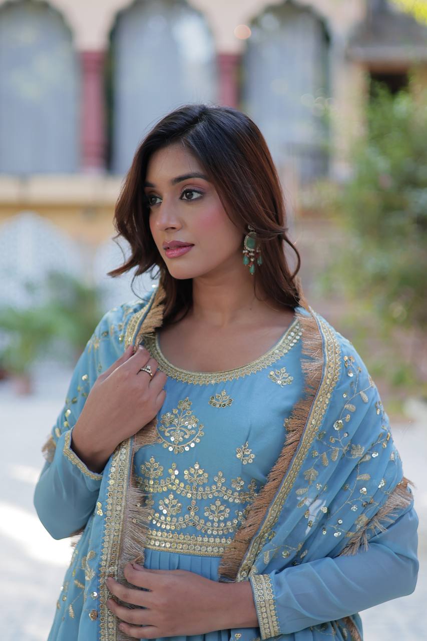 Party Wear Sky Color Star Georgette Fabrics Designer Gown With Embroidered Dupatta