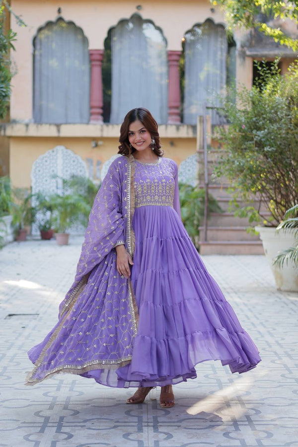 Party Wear Light Purple Color Star Georgette Fabrics Designer Gown With Embroidered Dupatta