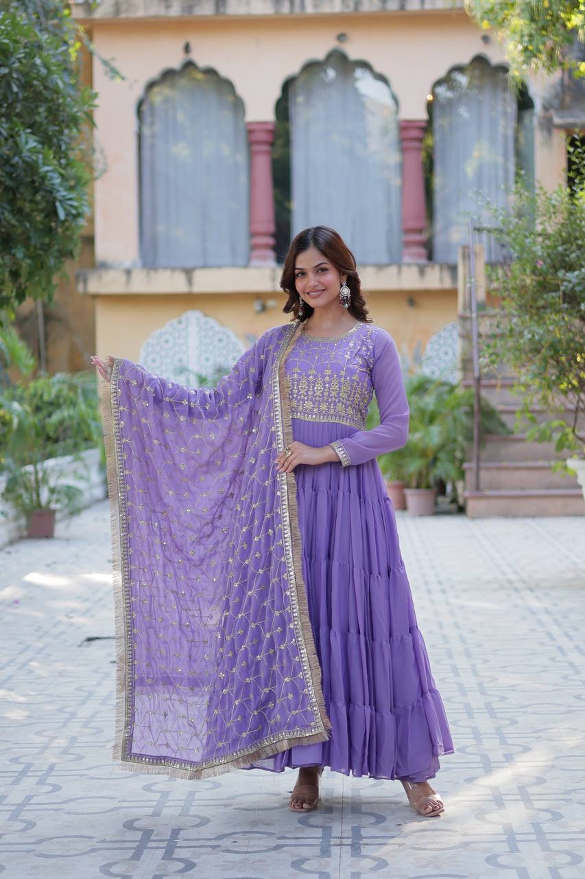 Party Wear Light Purple Color Star Georgette Fabrics Designer Gown With Embroidered Dupatta