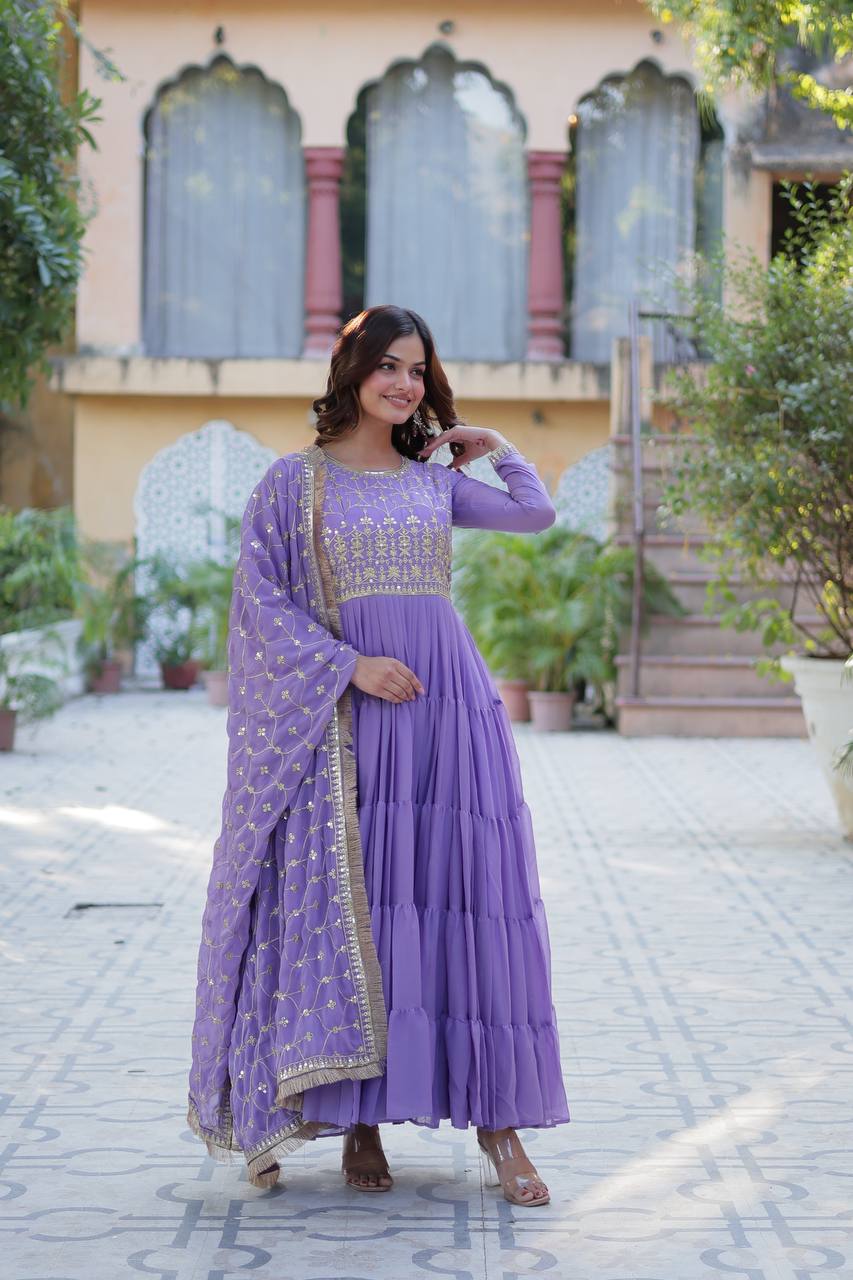 Party Wear Light Purple Color Star Georgette Fabrics Designer Gown With Embroidered Dupatta