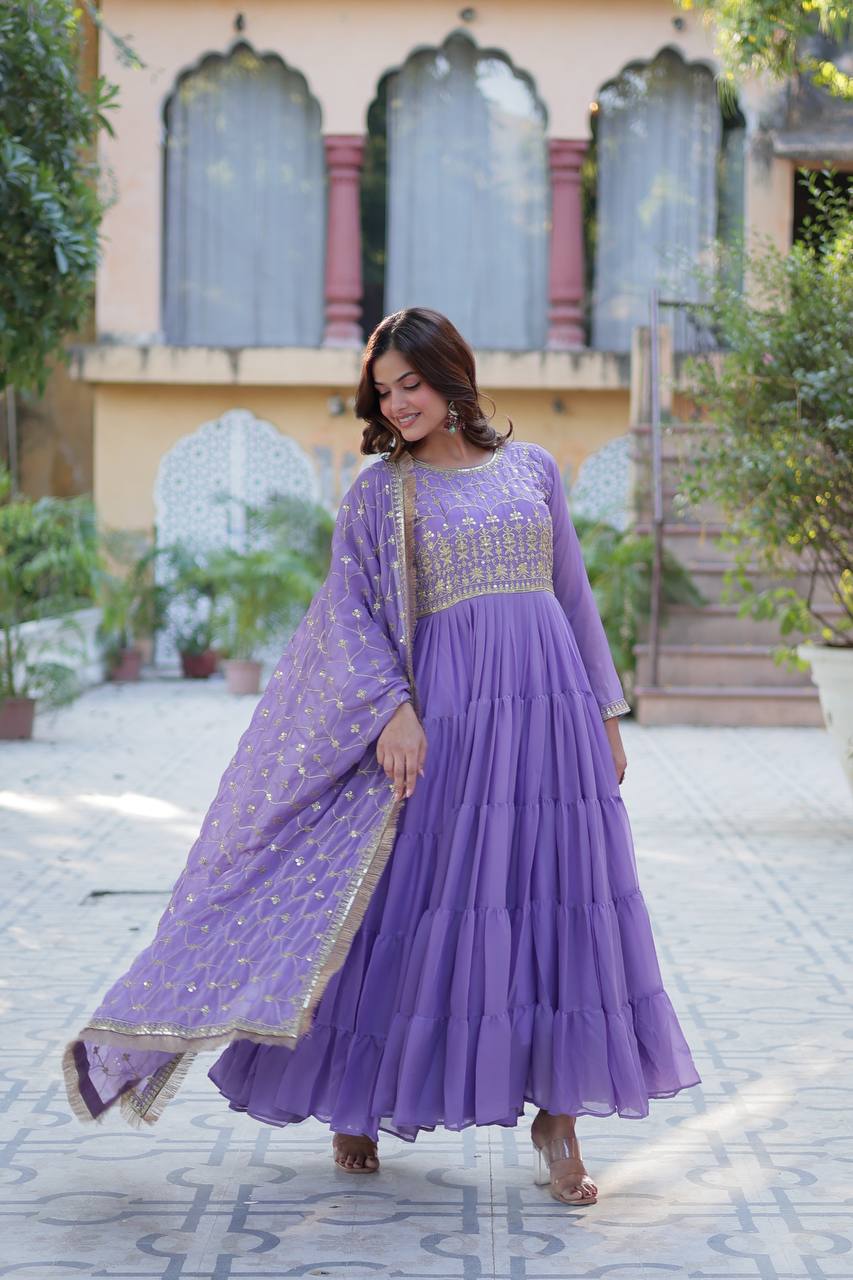 Party Wear Light Purple Color Star Georgette Fabrics Designer Gown With Embroidered Dupatta