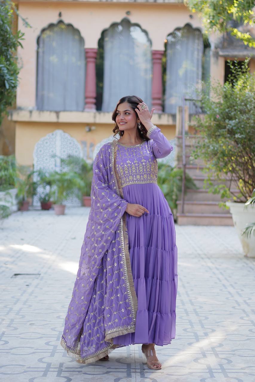 Party Wear Light Purple Color Star Georgette Fabrics Designer Gown With Embroidered Dupatta