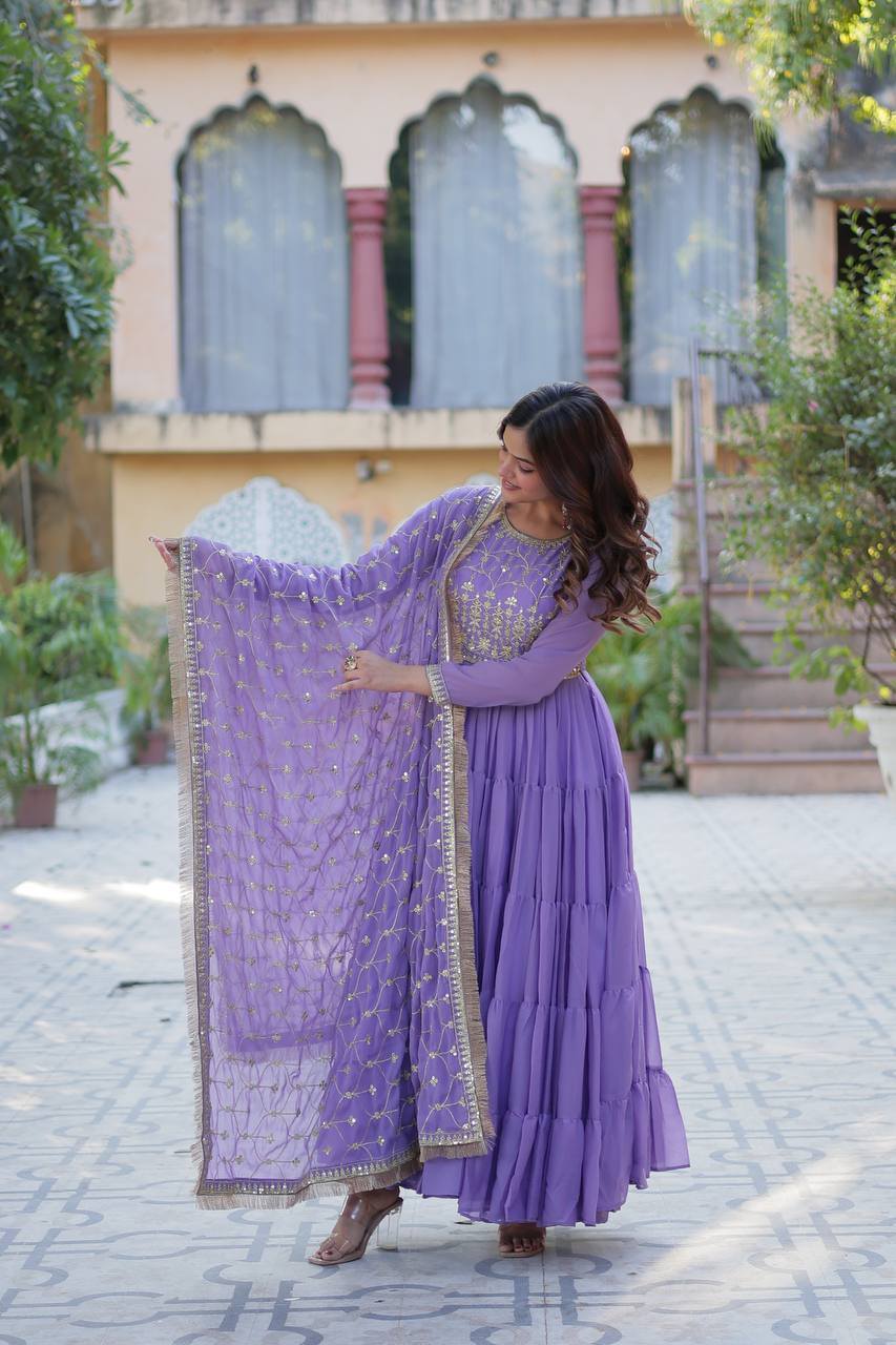 Party Wear Light Purple Color Star Georgette Fabrics Designer Gown With Embroidered Dupatta