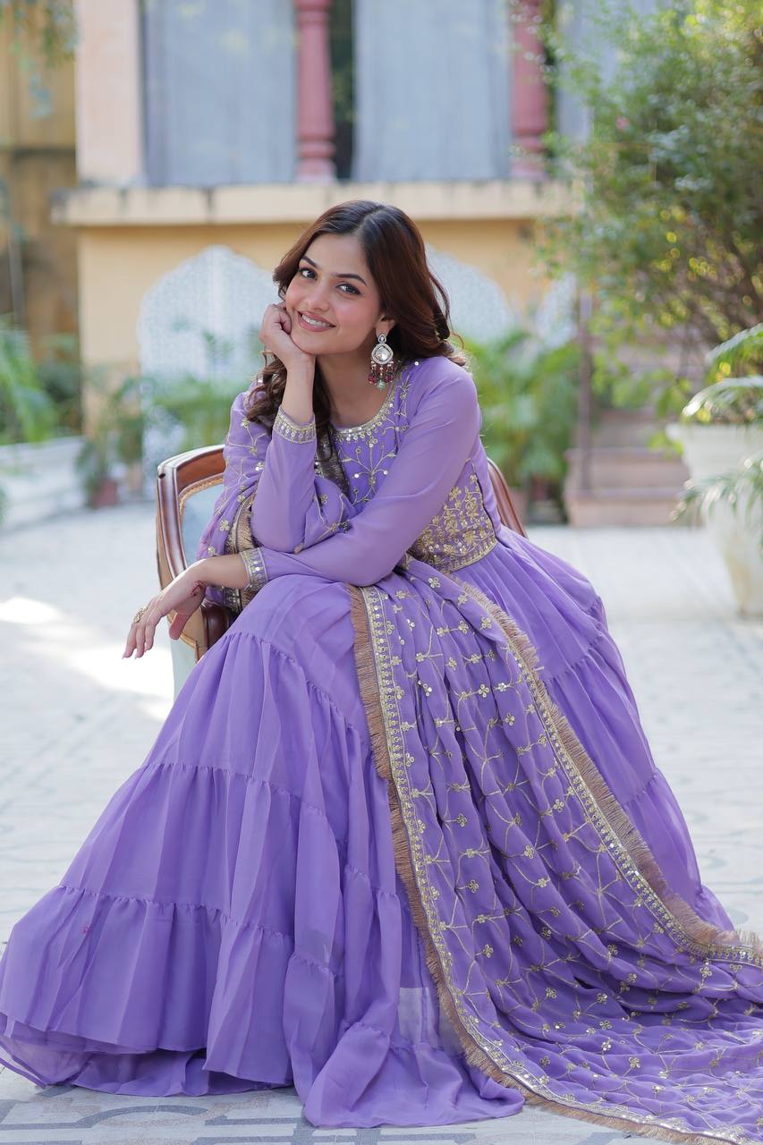 Party Wear Light Purple Color Star Georgette Fabrics Designer Gown With Embroidered Dupatta