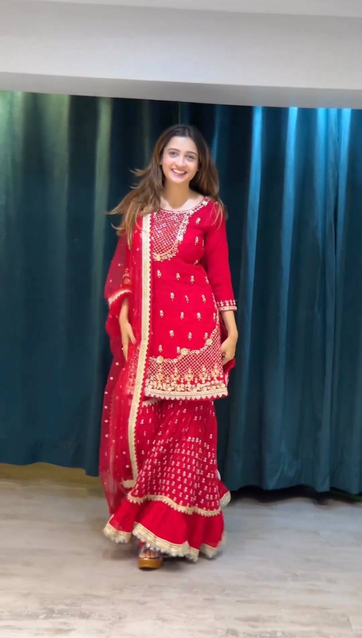 Red Color Embroidery & Sequins Work Designer Sharara Set