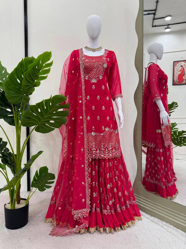 Red Color Embroidery & Sequins Work Designer Sharara Set
