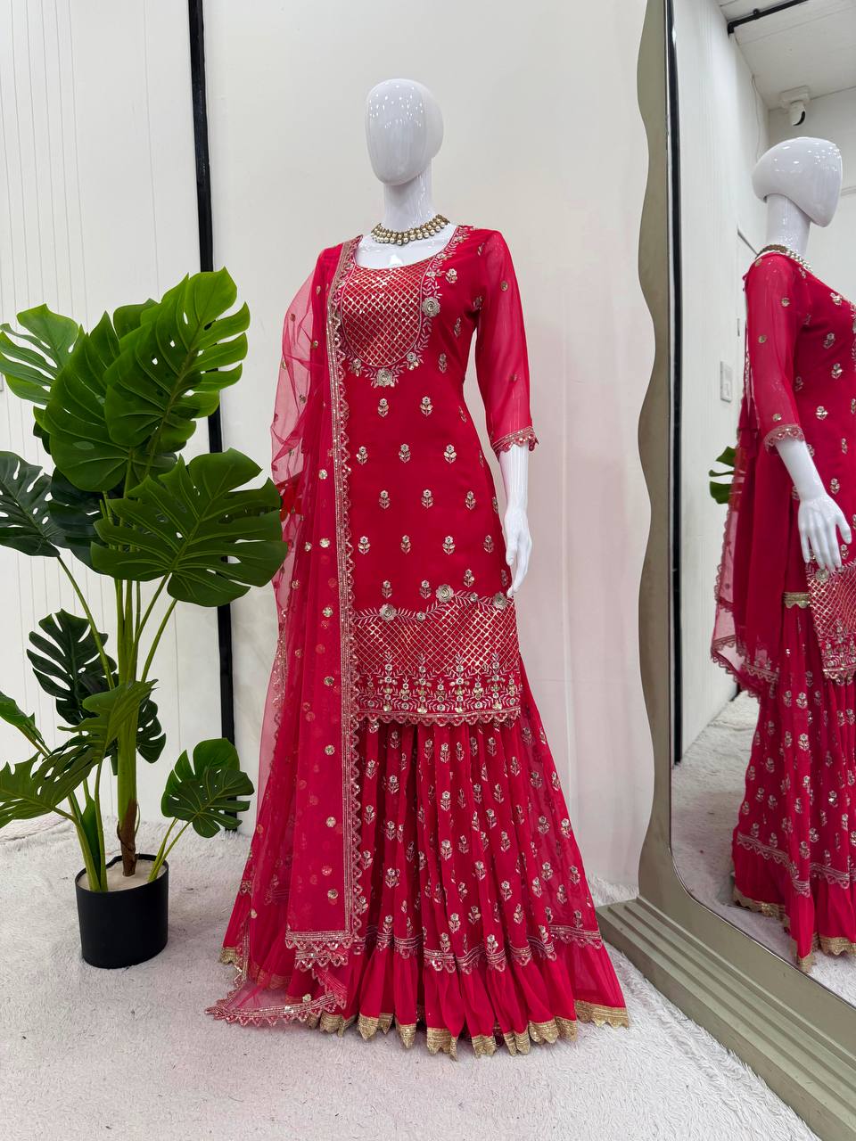 Red Color Embroidery & Sequins Work Designer Sharara Set
