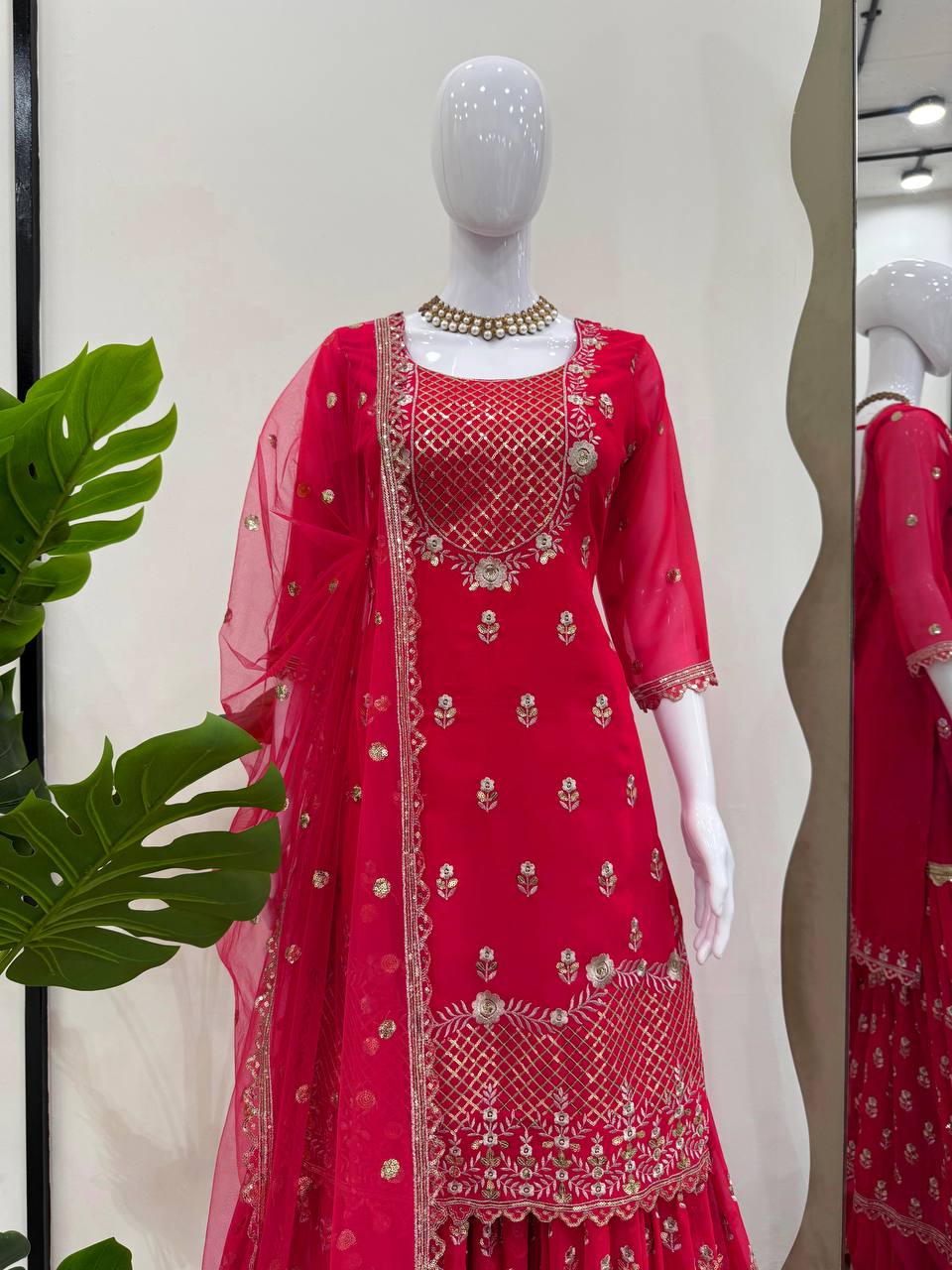 Red Color Embroidery & Sequins Work Designer Sharara Set