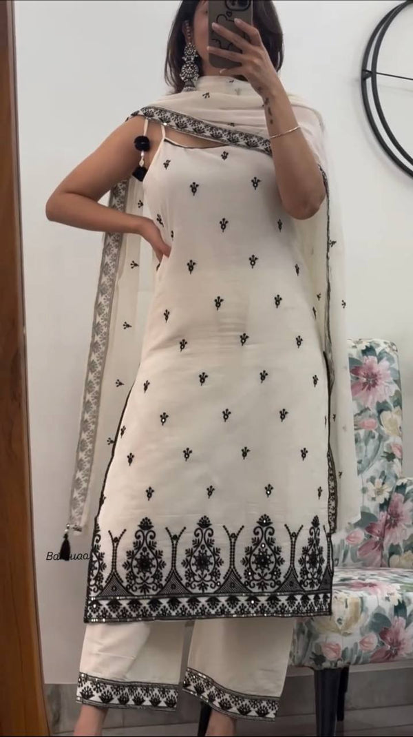 Alluring White Color Cotton Silk Embroidered Designer Palazzo Suit