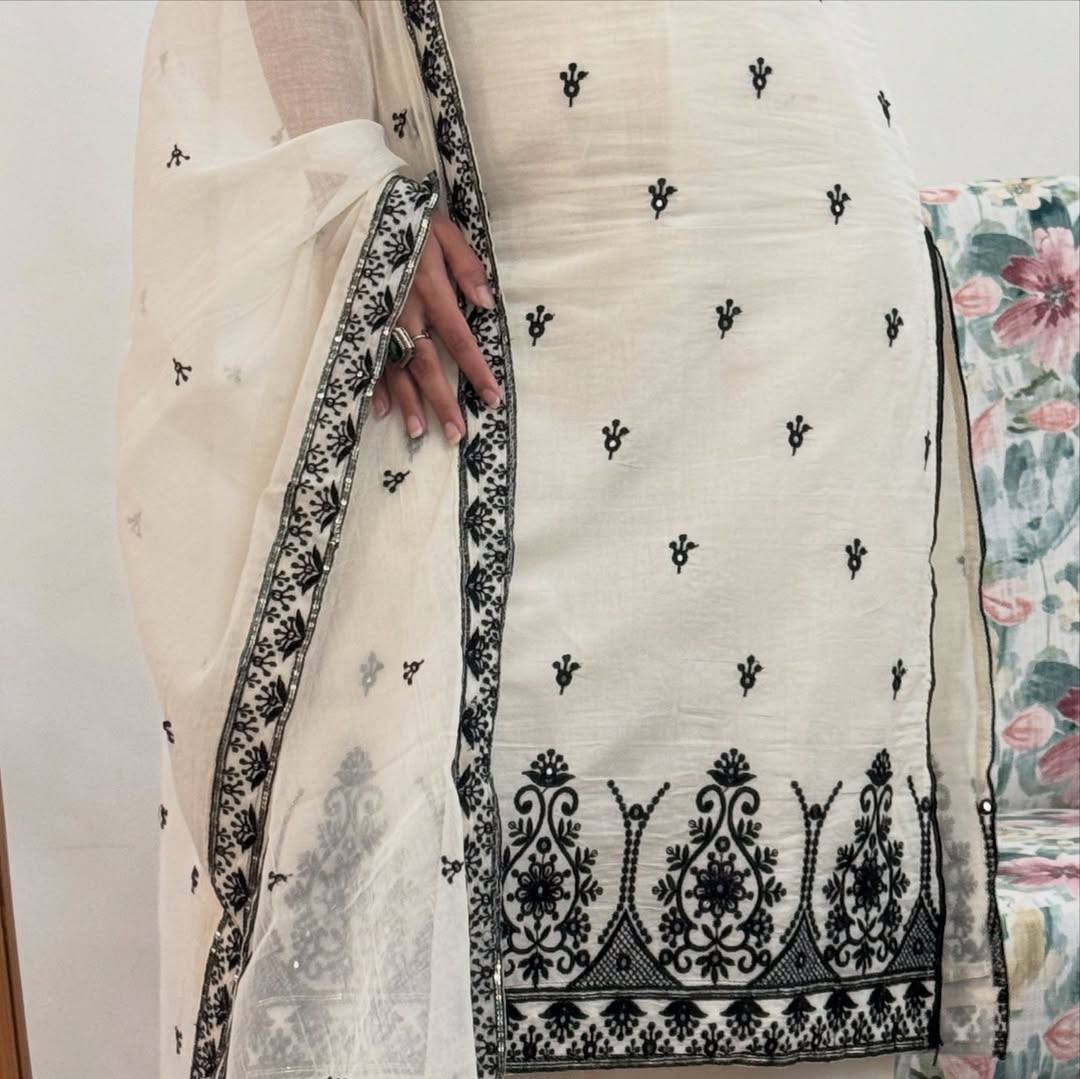 Alluring White Color Cotton Silk Embroidered Designer Palazzo Suit