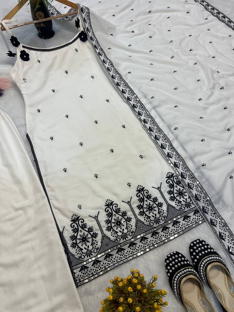 Alluring White Color Cotton Silk Embroidered Designer Palazzo Suit