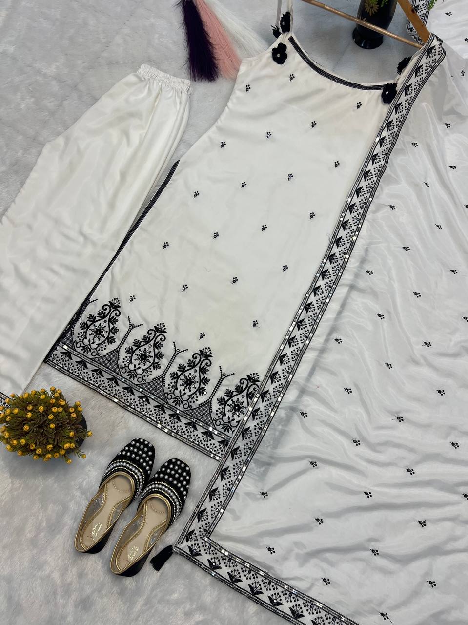 Alluring White Color Cotton Silk Embroidered Designer Palazzo Suit