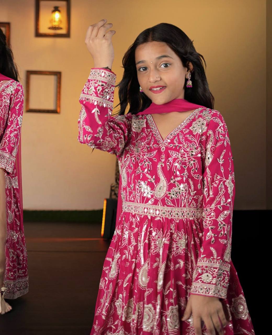 Designer Sequins Embroidered Pink Color Kids Gown Set