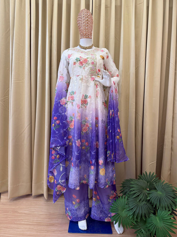Festivals Wear Blue Color Embroidered Gown Set With Dupatta & Pant
