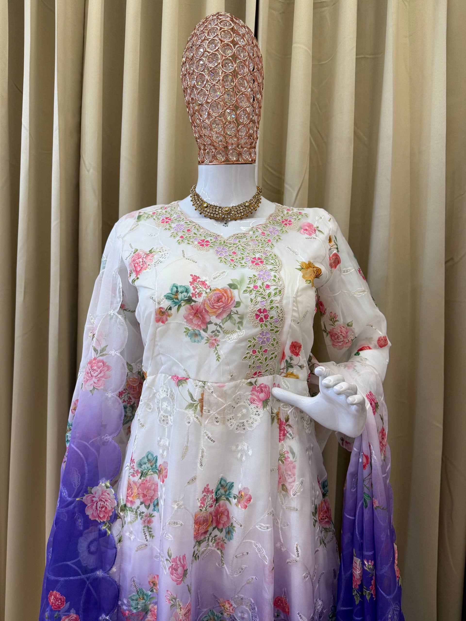 Festivals Wear Blue Color Embroidered Gown Set With Dupatta & Pant