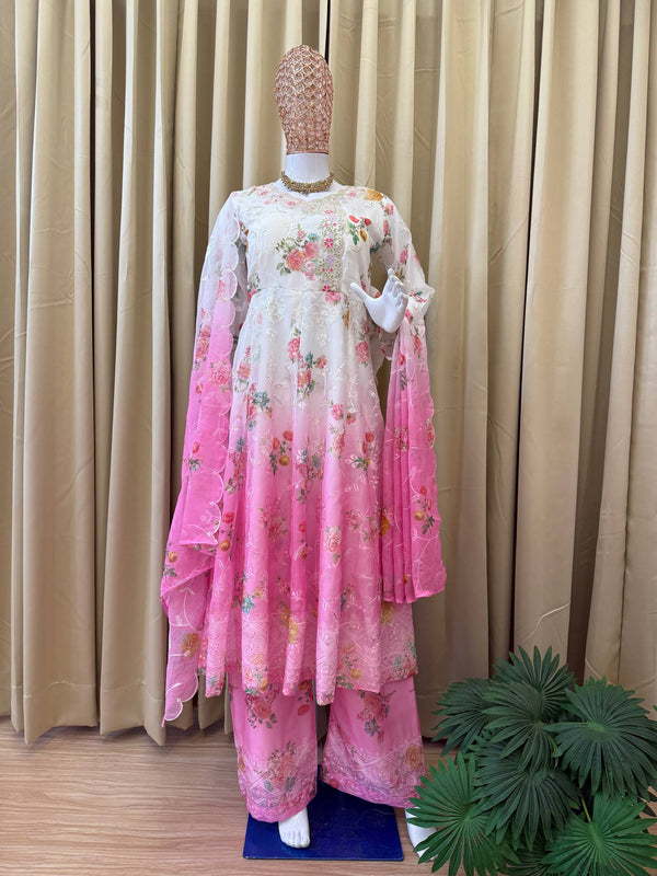 Festivals Wear Pink Color Embroidered Gown Set With Dupatta & Pant