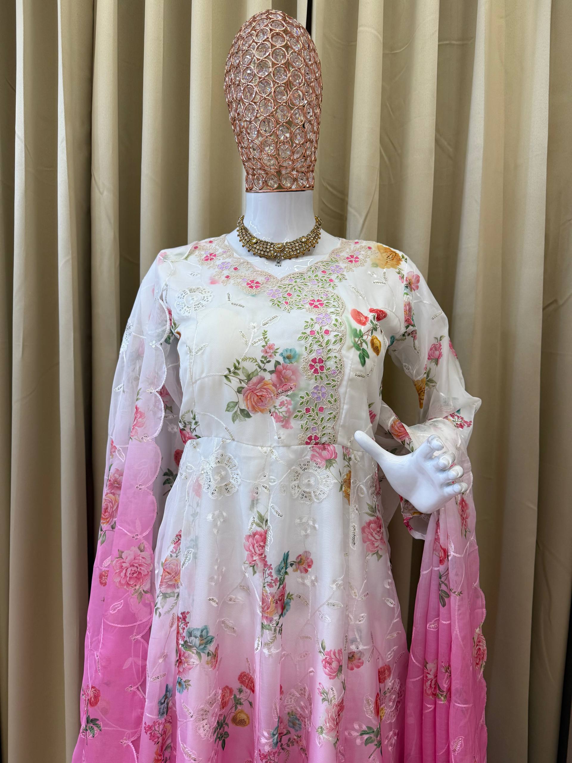Festivals Wear Pink Color Embroidered Gown Set With Dupatta & Pant
