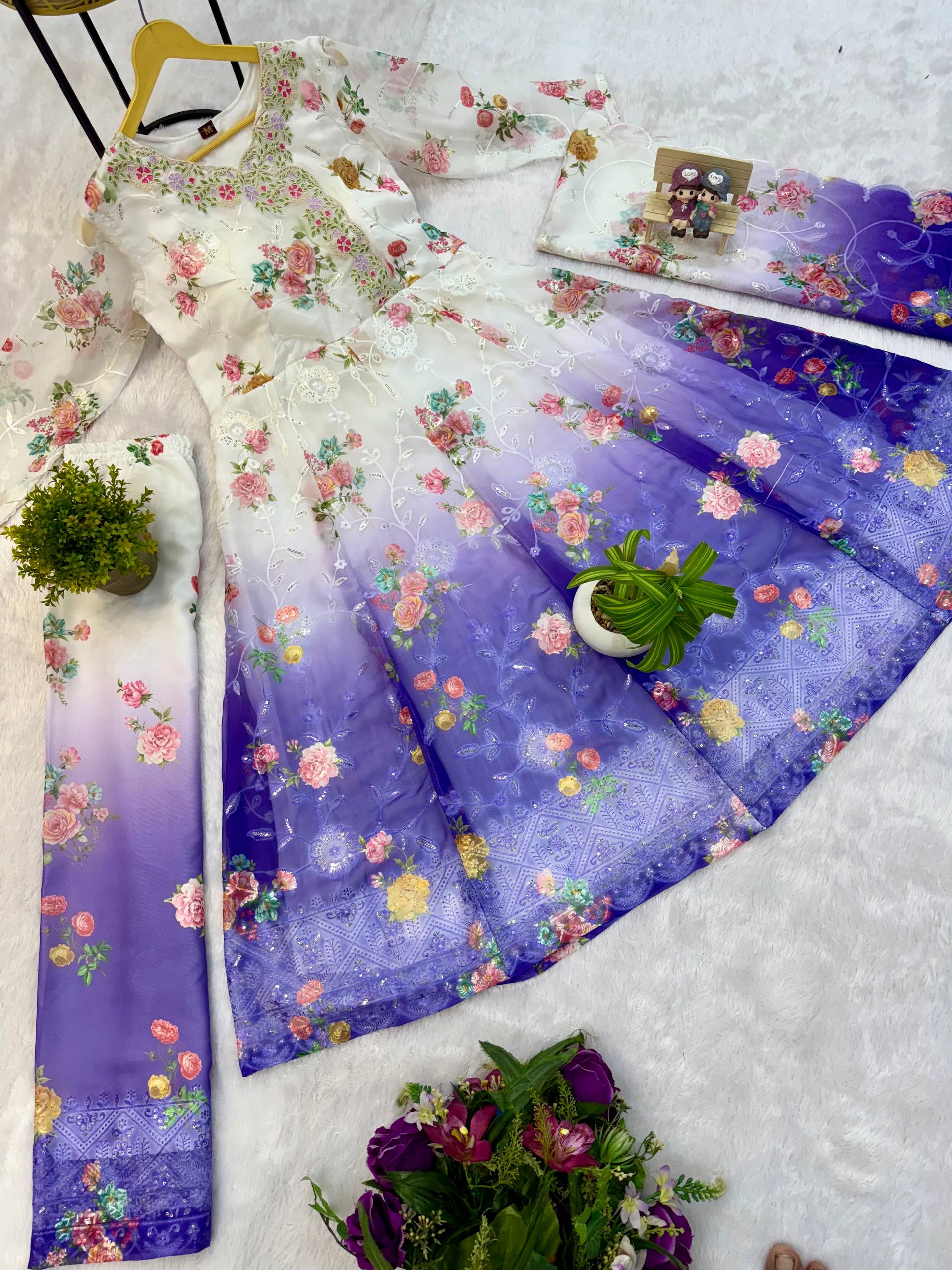 Festivals Wear Blue Color Embroidered Gown Set With Dupatta & Pant