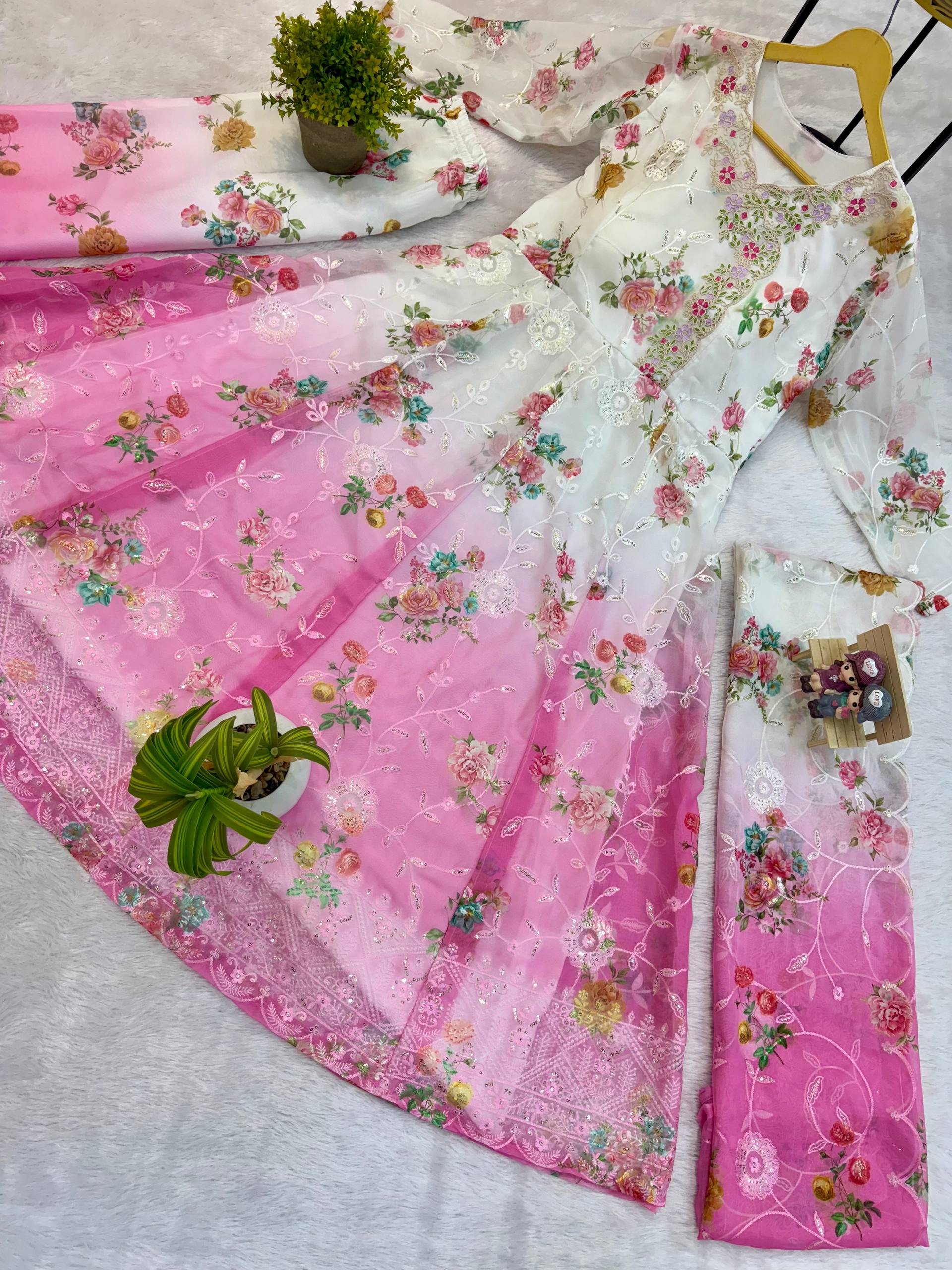 Festivals Wear Pink Color Embroidered Gown Set With Dupatta & Pant