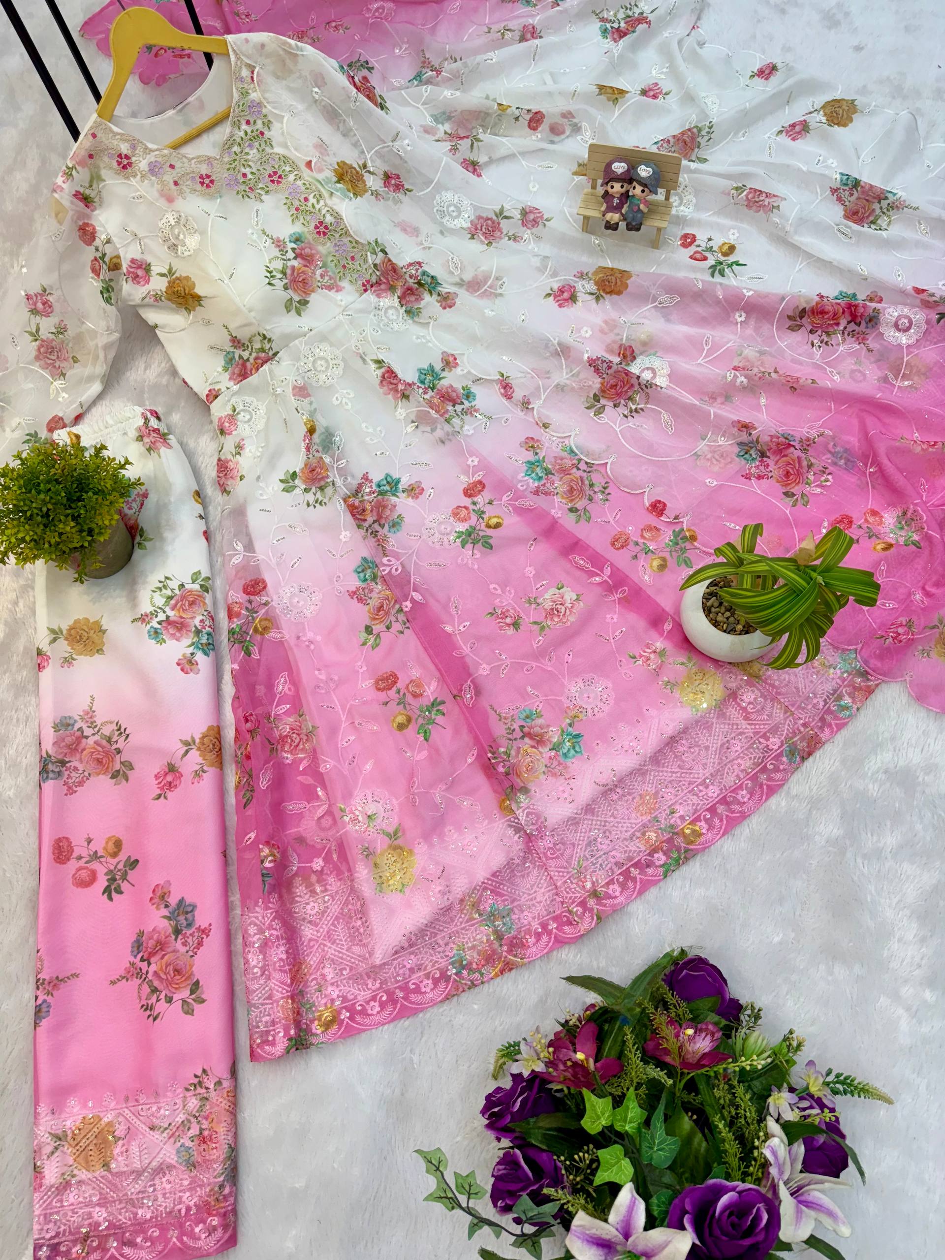 Festivals Wear Pink Color Embroidered Gown Set With Dupatta & Pant