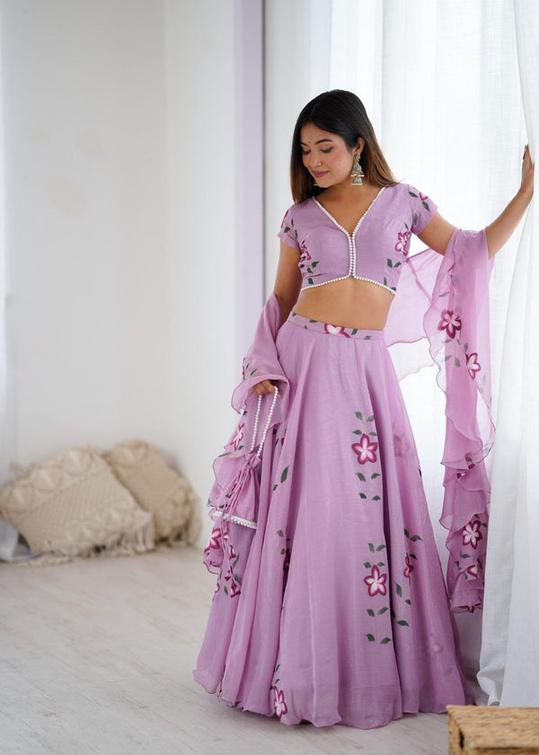 Arti Chauhan Wear Lavender Color Handpainted Fandy Crush Lehenga Set