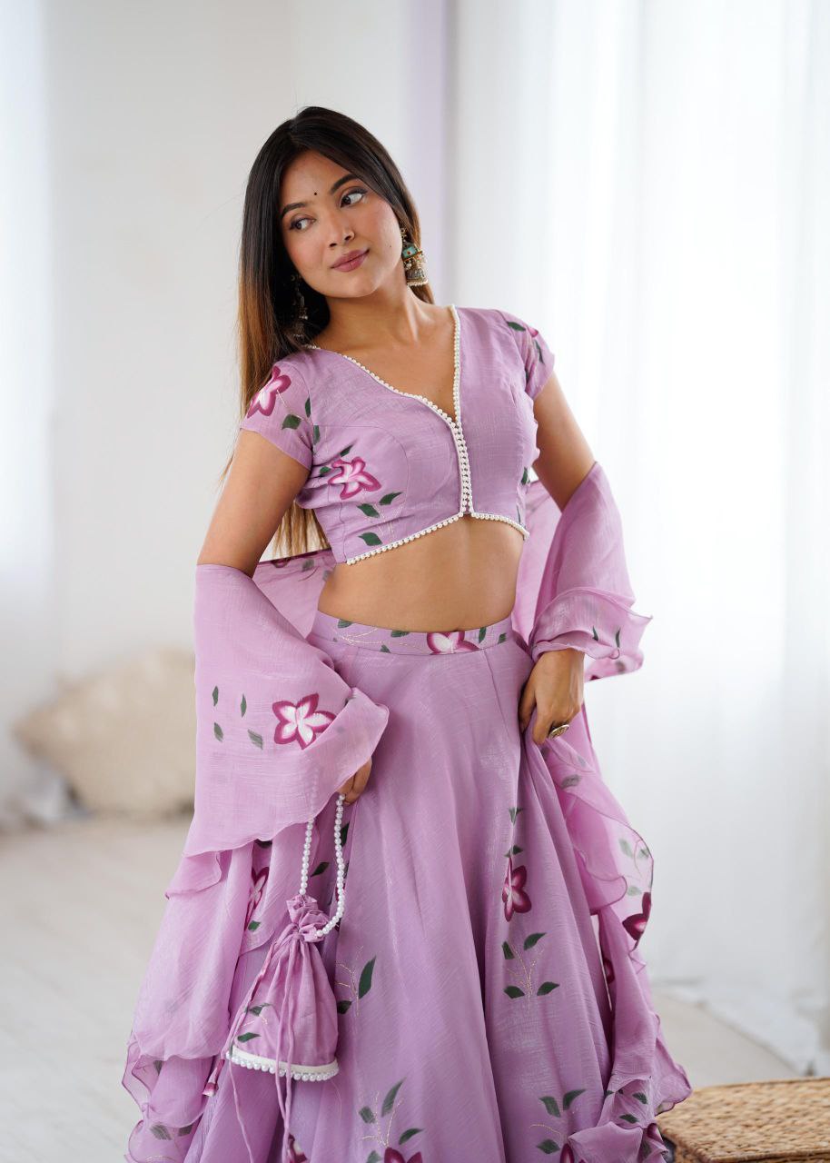 Arti Chauhan Wear Lavender Color Handpainted Fandy Crush Lehenga Set