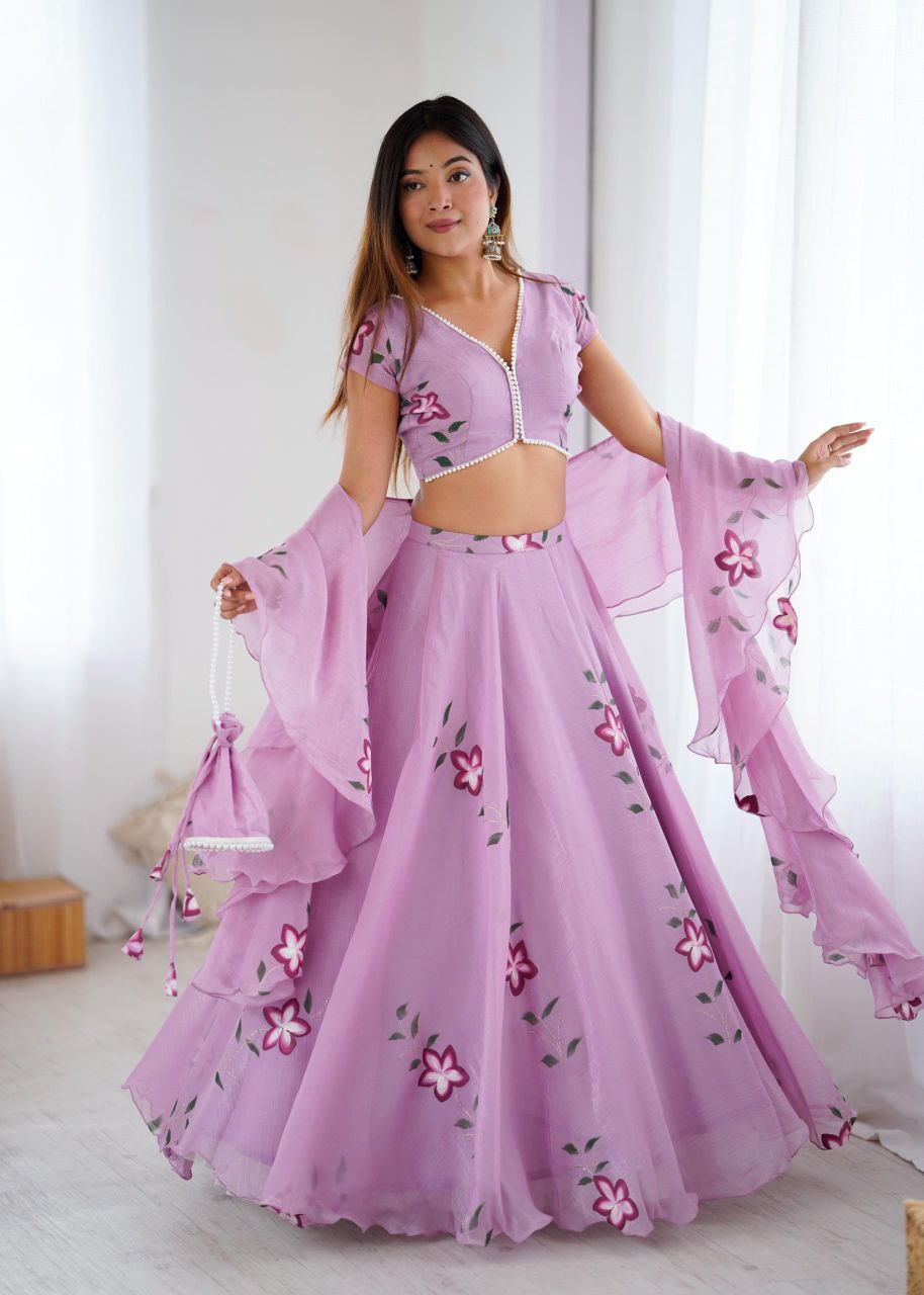 Arti Chauhan Wear Lavender Color Handpainted Fandy Crush Lehenga Set