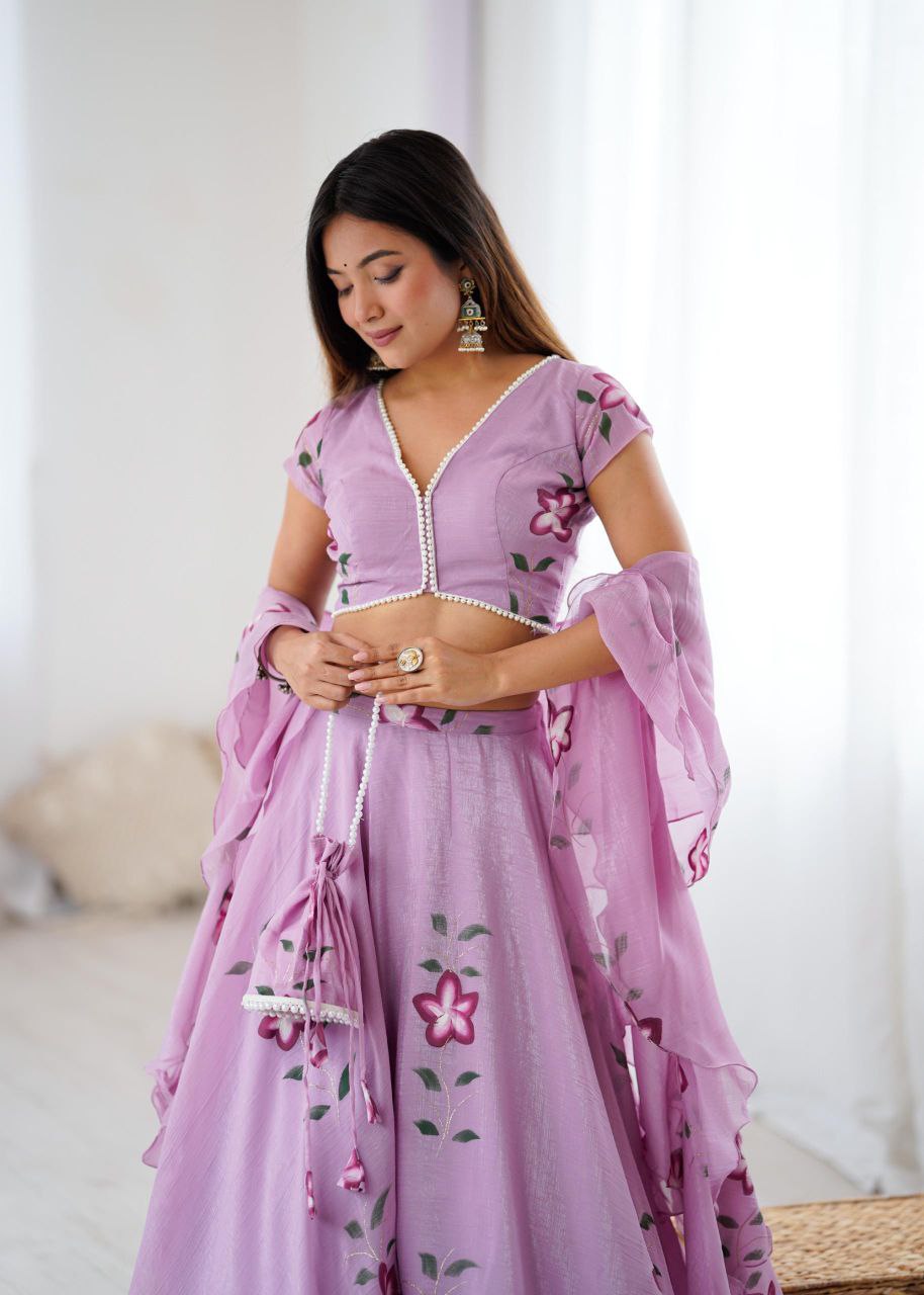 Arti Chauhan Wear Lavender Color Handpainted Fandy Crush Lehenga Set