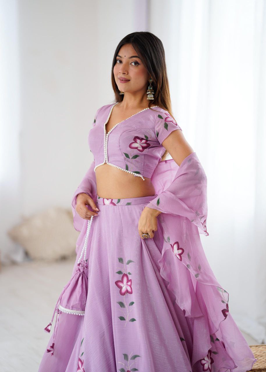 Arti Chauhan Wear Lavender Color Handpainted Fandy Crush Lehenga Set