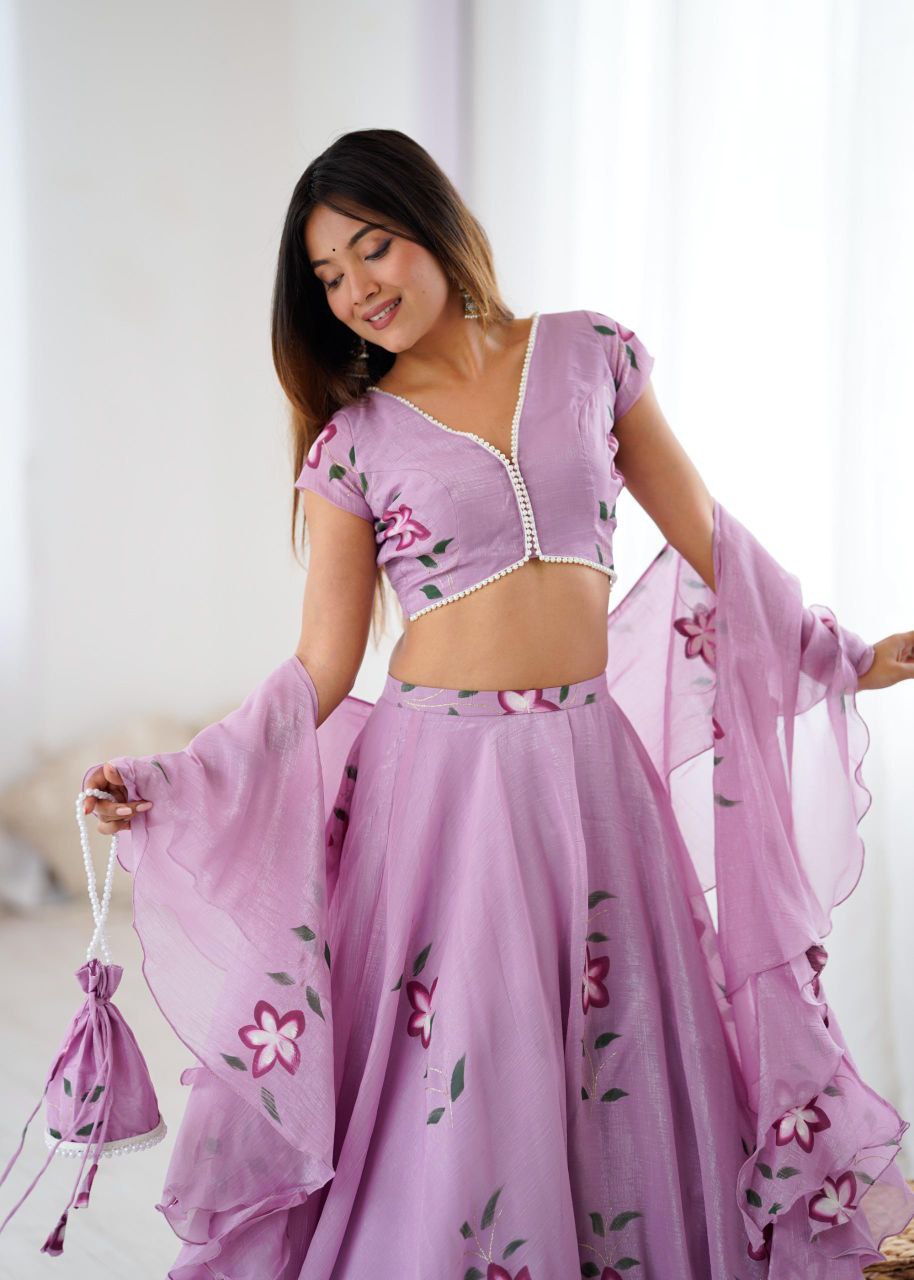 Arti Chauhan Wear Lavender Color Handpainted Fandy Crush Lehenga Set