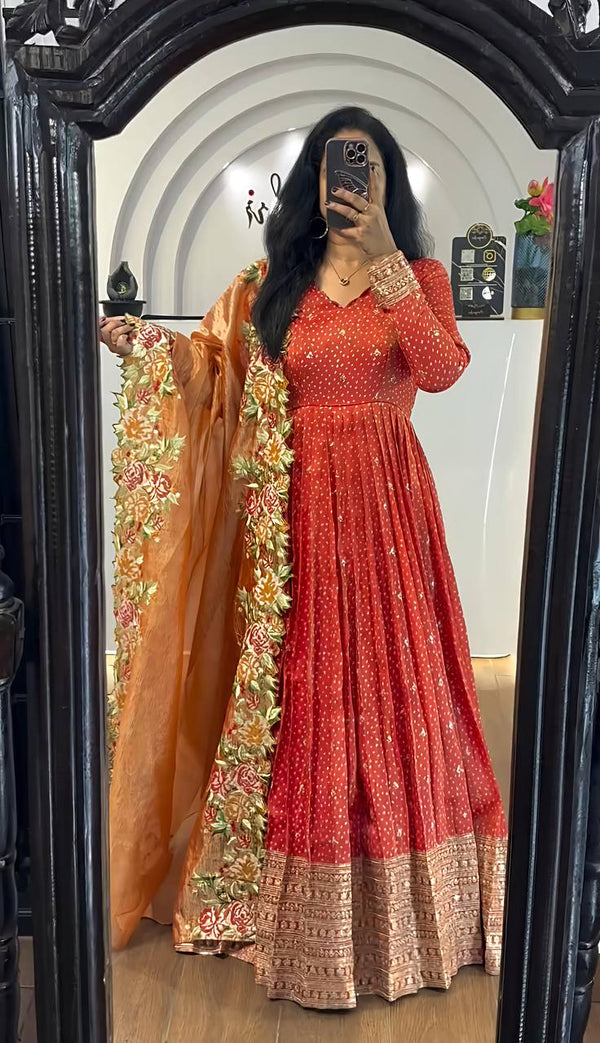 Wedding Wear Orange Color Chinon Silk With Embroidery Sequence Work Gown
