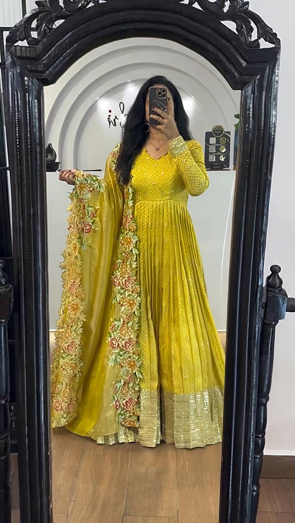 Wedding Wear Yellow Color Chinon Silk With Embroidery Sequence Work Gown