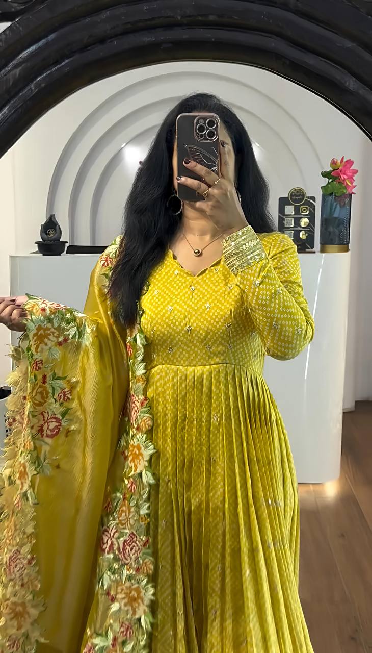 Wedding Wear Yellow Color Chinon Silk With Embroidery Sequence Work Gown