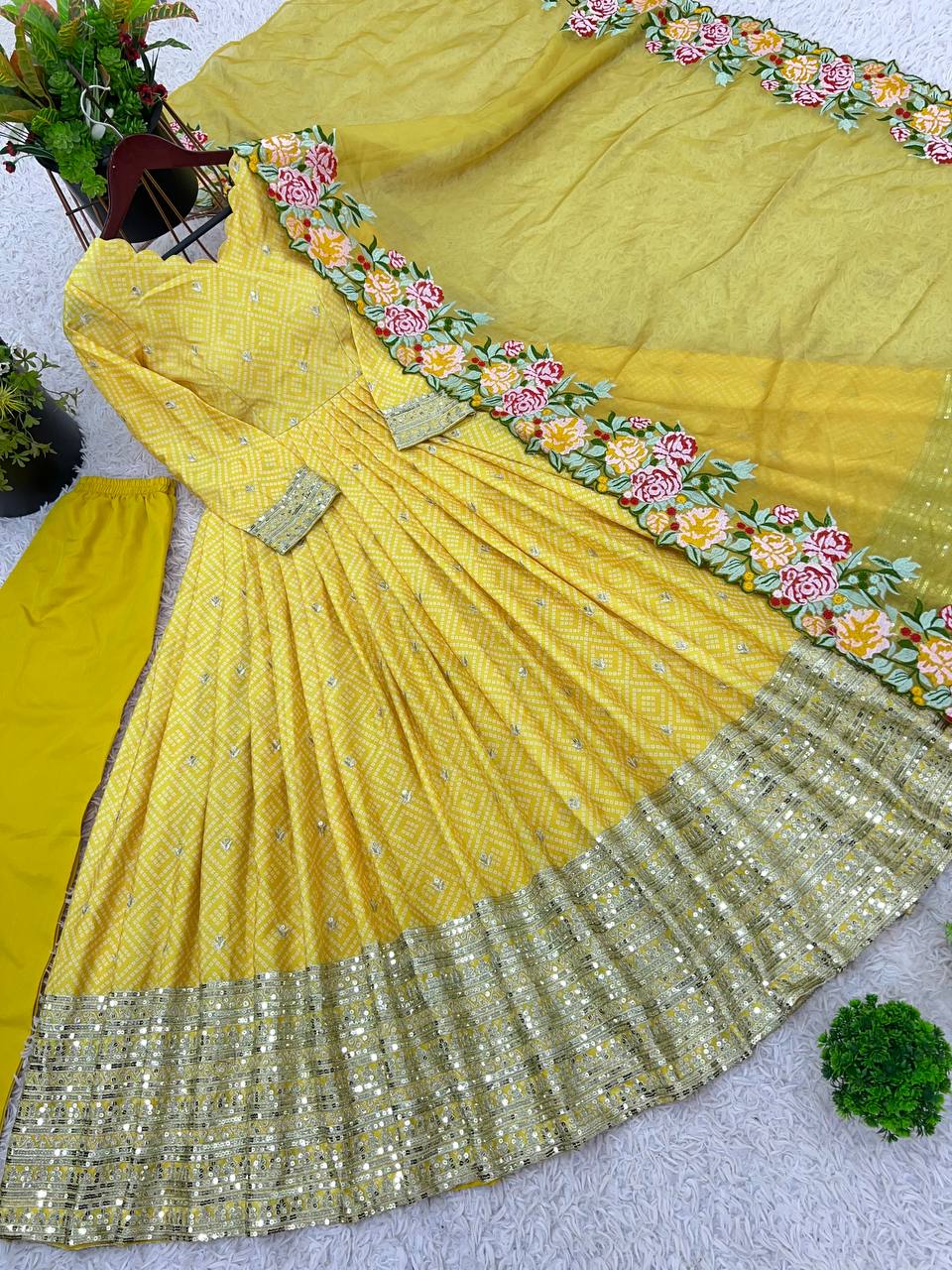 Wedding Wear Yellow Color Chinon Silk With Embroidery Sequence Work Gown