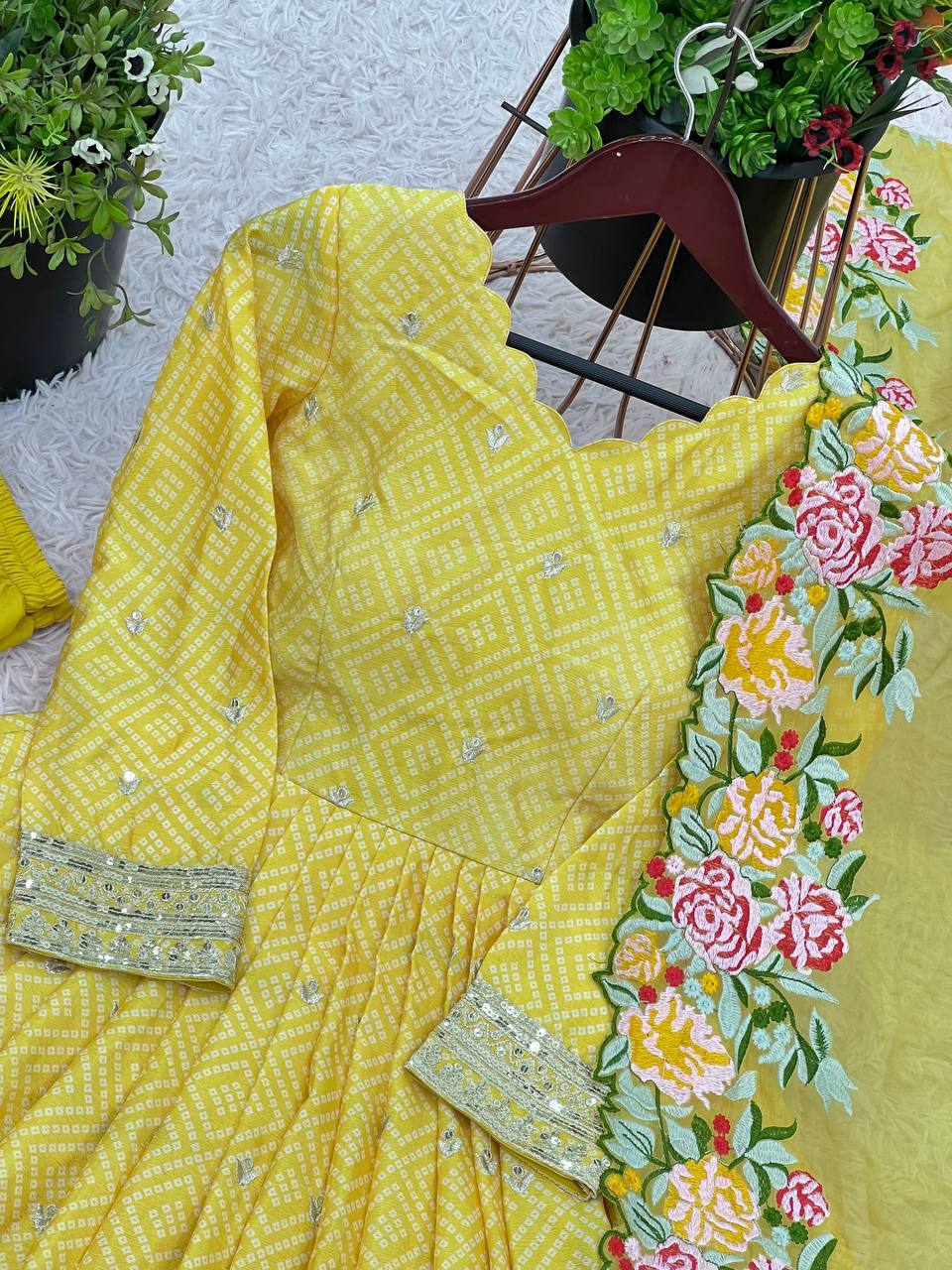 Wedding Wear Yellow Color Chinon Silk With Embroidery Sequence Work Gown