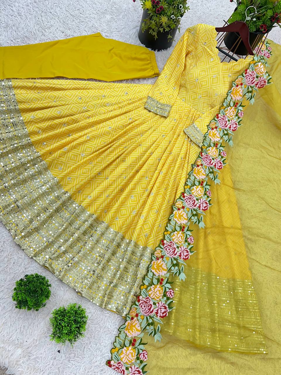 Wedding Wear Yellow Color Chinon Silk With Embroidery Sequence Work Gown