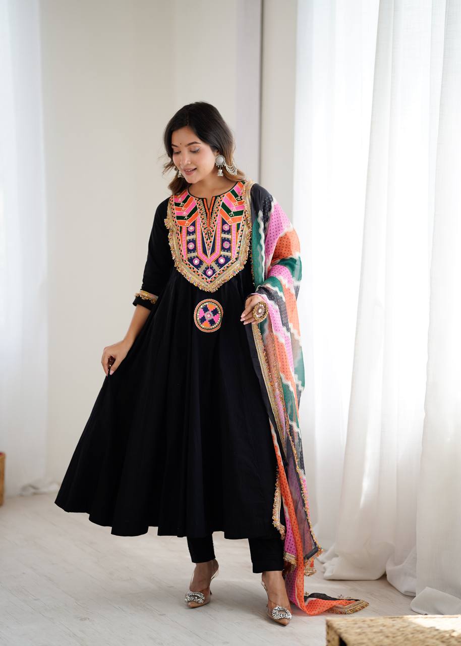 Designer Khadi Cotton Black Color Gown Set with Dupatta