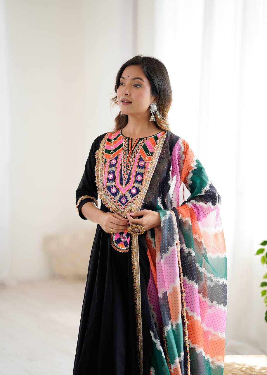 Designer Khadi Cotton Black Color Gown Set with Dupatta