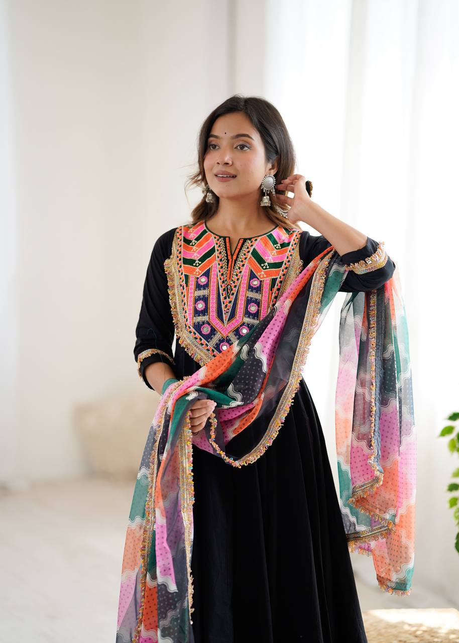 Designer Khadi Cotton Black Color Gown Set with Dupatta